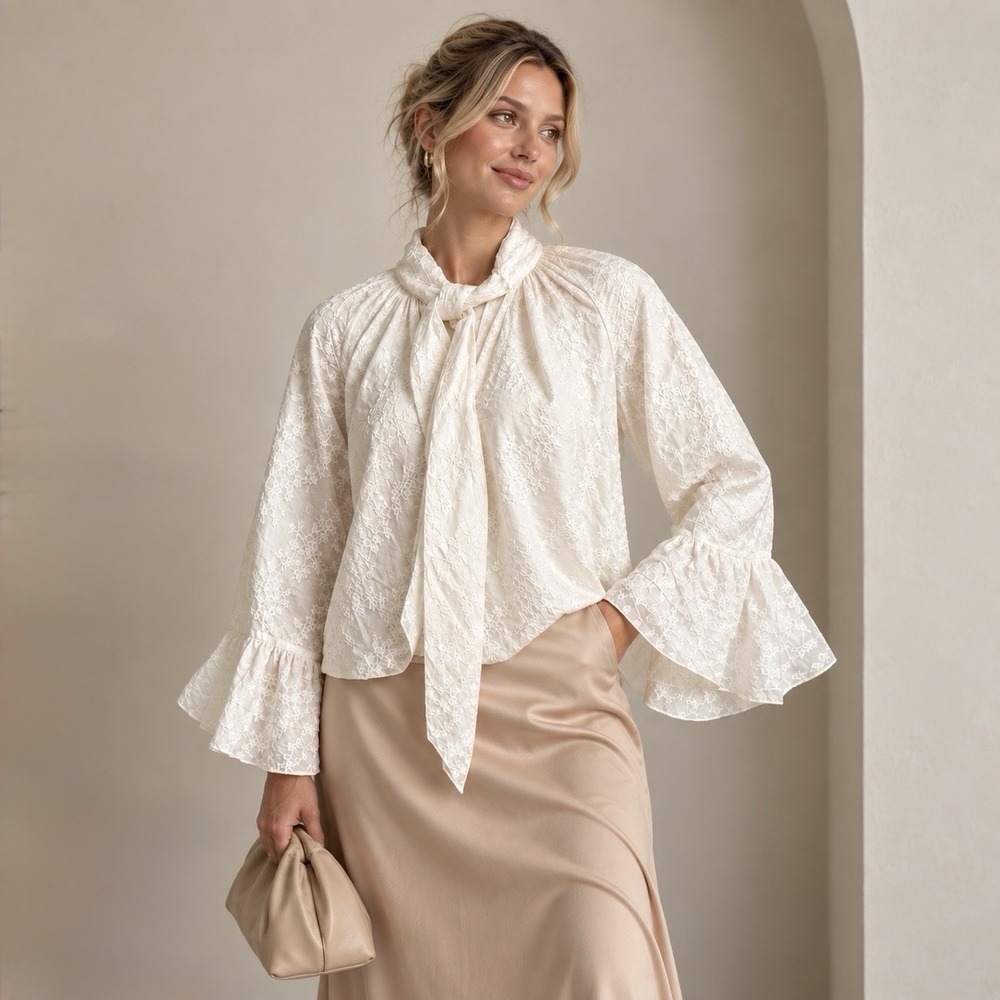 Calligraphie XS/S Ivory Embroidered Tie Neck Blouse Bell Sleeve Edwardian Boho